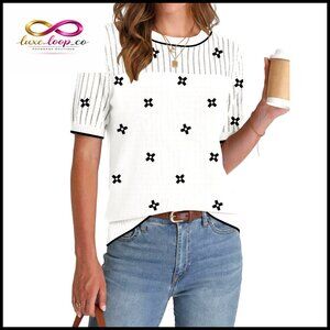 Short Sleeve Viscose Sweater Hollow Out Crew Neck Business Casual Top